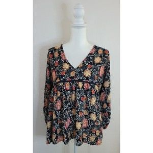 Knox Rose Floral Babydoll Blouse Top Sz Small Boho Loose Fit Black Rust EUC